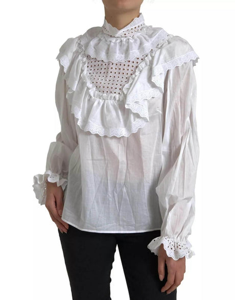 Dolce & Gabbana White Cotton Lace Trim Turtle Neck Blouse - Hilstor