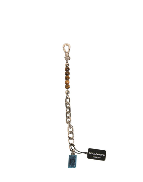 Dolce & Gabbana Silver Brass Chain Beaded Logo Plaque Keychain Keyring - Hilstor