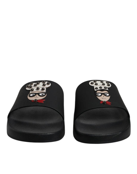 Dolce & Gabbana Black Leather Slides Sandals Beachwear Shoes - Hilstor