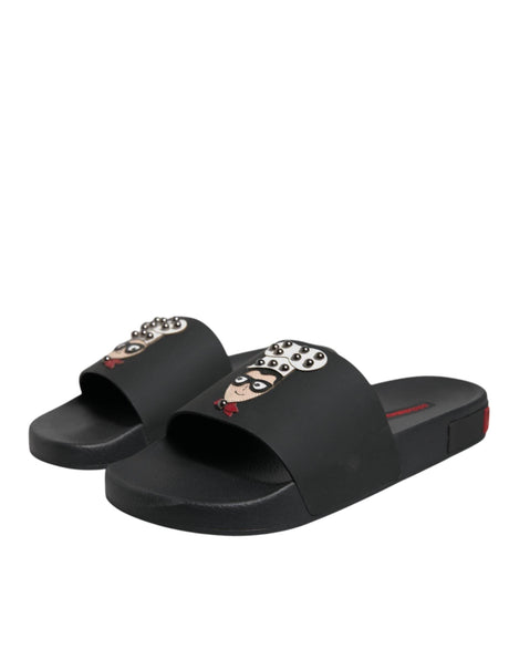 Dolce & Gabbana Black Leather Slides Sandals Beachwear Shoes - Hilstor