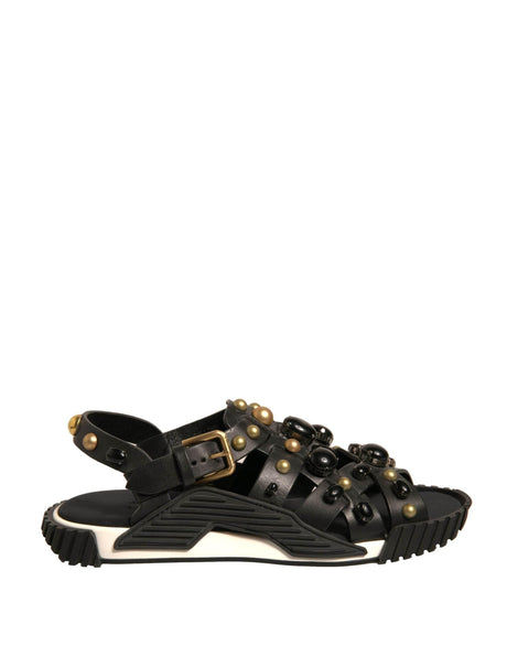 Dolce & Gabbana Black Leather Studded Slides Sandals Shoes - Hilstor