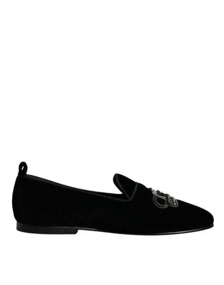 Dolce & Gabbana Black Velvet Crystal Crown Loafers Formal Dress Shoes - Hilstor