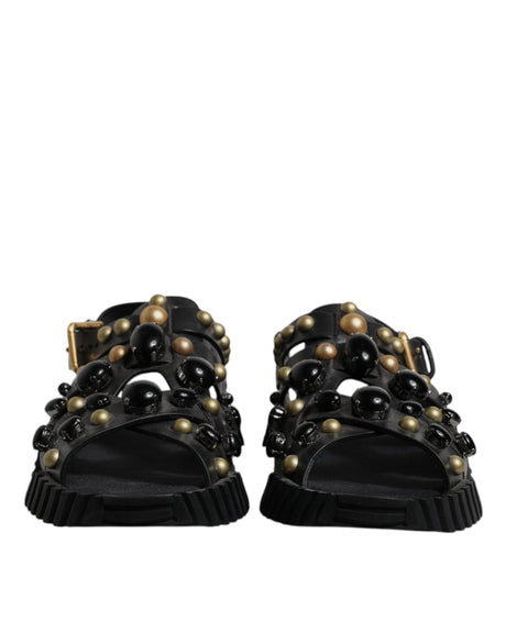 Dolce & Gabbana Black Leather Studded Slides Sandals Shoes - Hilstor