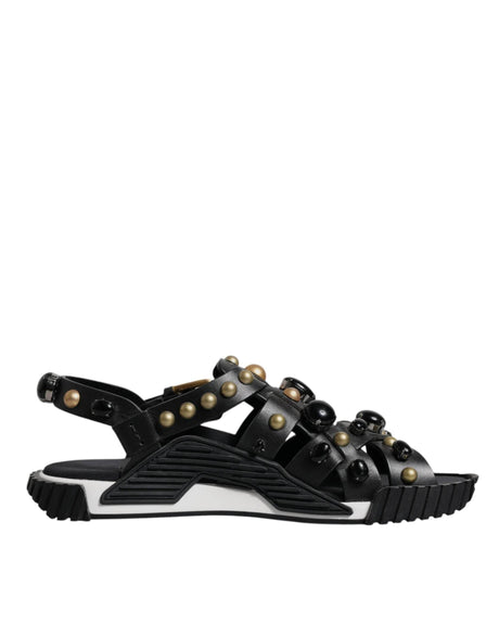 Dolce & Gabbana Black Leather Studded Slides Sandals Shoes - Hilstor