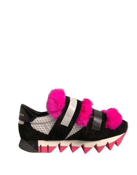 Dolce & Gabbana Black Pink Fur Embellished Sneakers Shoes - Hilstor