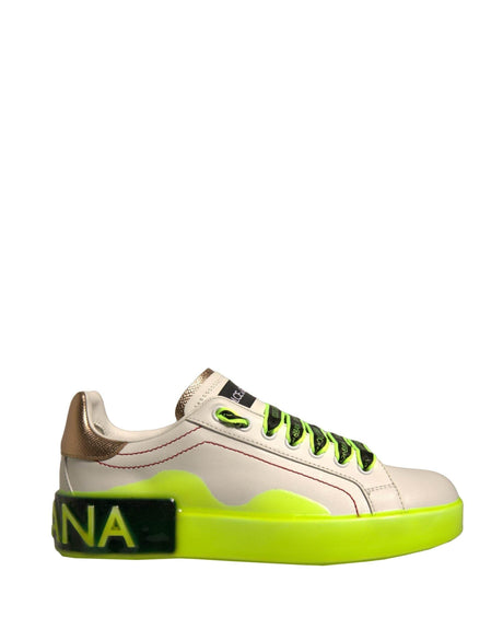 Dolce & Gabbana White Yellow Portofino Leather Sneakers Shoes - Hilstor