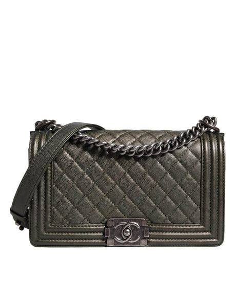 Chanel Dark Green Leather Shoulder Bag Gray Metal Purse Bag - Hilstor