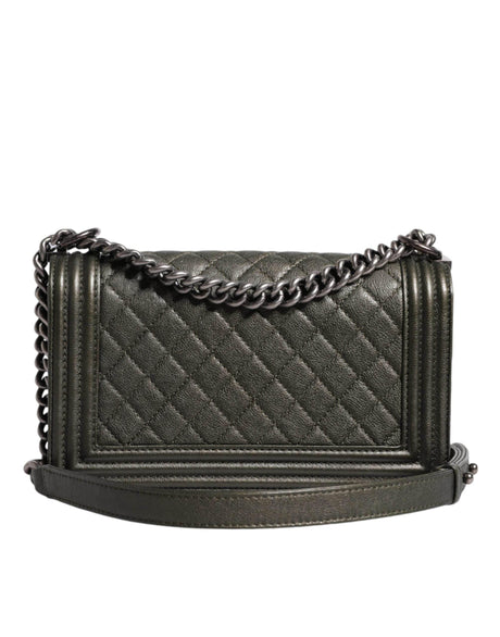 Chanel Dark Green Leather Shoulder Bag Gray Metal Purse Bag - Hilstor