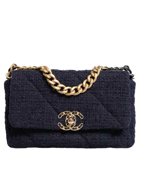 Chanel Dark Blue Medium Flap Tweed CC Gold Gray Chain Shoulder Bag - Hilstor