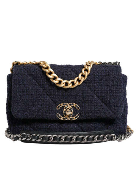 Chanel Dark Blue Medium Flap Tweed CC Gold Gray Chain Shoulder Bag - Hilstor