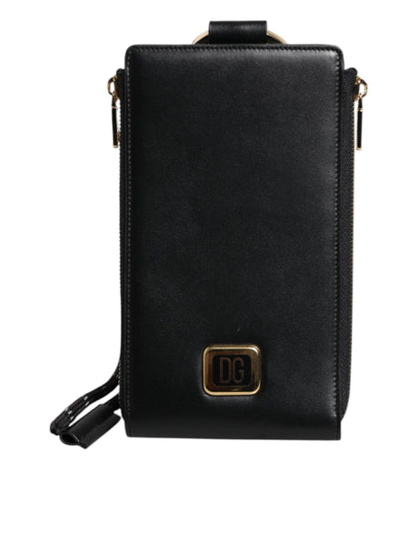 Dolce & Gabbana Black Leather Logo Plaque Neck Strap Card Coin Wallet - Hilstor