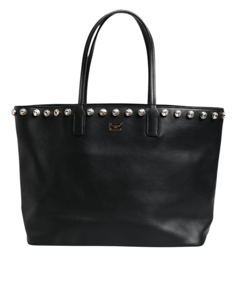 Dolce & Gabbana Black Crystal Leather Shopping Women Tote Bag - Hilstor