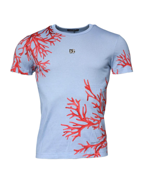 Dolce & Gabbana Light Blue Coral Cotton Men Crew Neck T-shirt - Hilstor