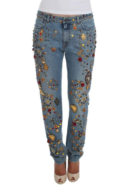 Dolce & Gabbana Crystal Roses Heart Embellished Jeans - Hilstor
