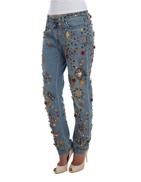 Dolce & Gabbana Crystal Roses Heart Embellished Jeans - Hilstor