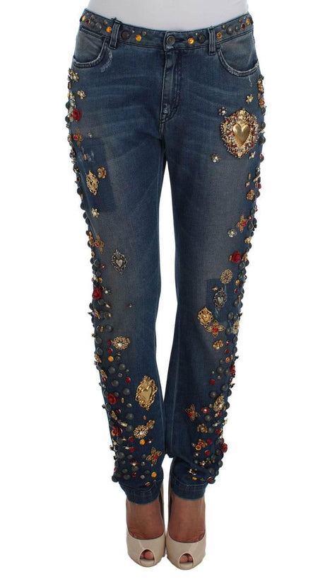 Dolce & Gabbana Crystal Roses Heart Embellished Jeans - Hilstor