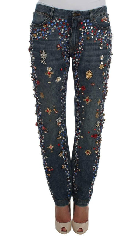 Dolce & Gabbana Crystal Roses Heart Embellished Jeans - Hilstor