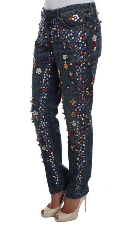 Dolce & Gabbana Crystal Roses Heart Embellished Jeans - Hilstor
