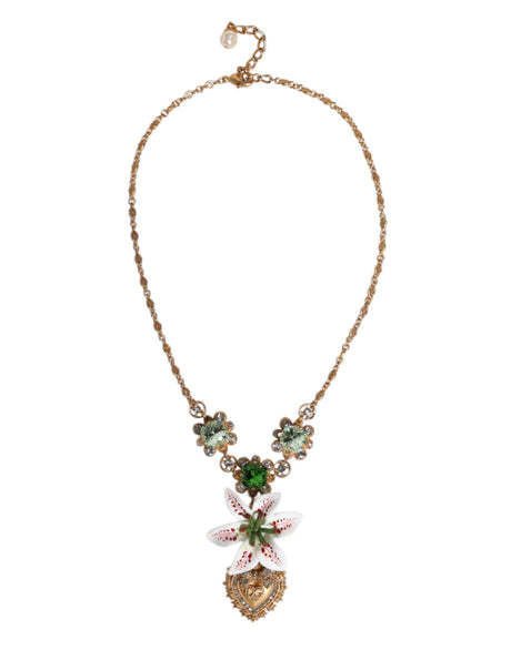 Dolce & Gabbana Gold Brass Lily Crystal Sacred Heart Pendant Necklace - Hilstor