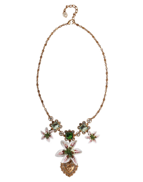 Dolce & Gabbana Gold Brass Lily Crystal Sacred Heart Pendant Necklace - Hilstor