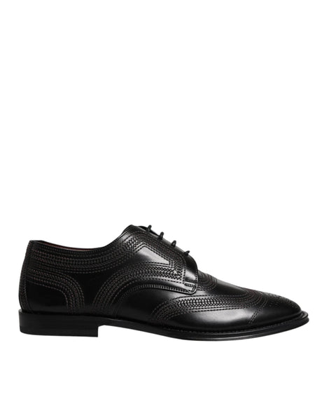 Dolce & Gabbana Black Embroidered Classic Leather Derby Dress Shoes - Hilstor