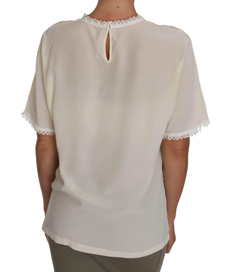Dolce & Gabbana White Cream Silk Lace Top Blouse T-Shirt - Hilstor