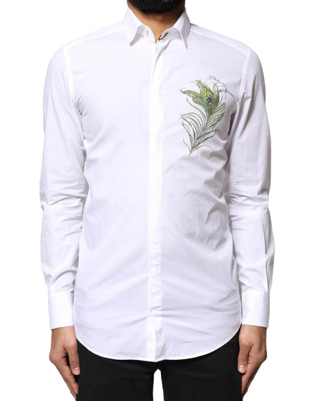 Dolce & Gabbana White Cotton Peacock Feather GOLD Formal Shirt - Hilstor