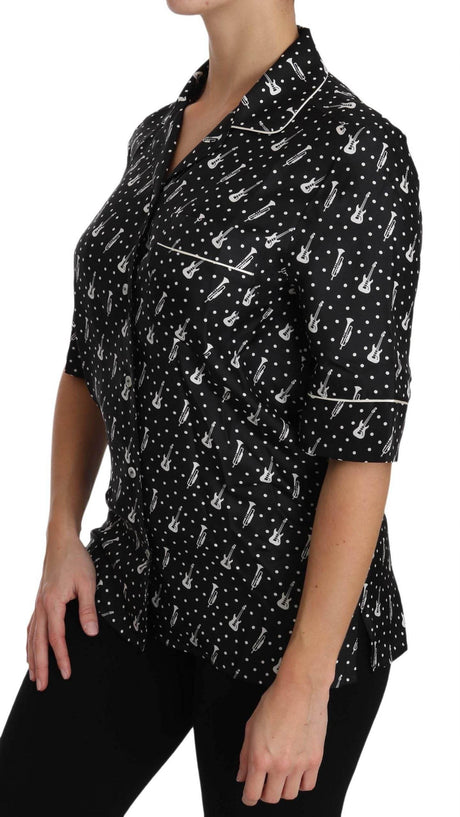 Dolce & Gabbana Black GuitarTrumpet Print Silk Shirt Top - Hilstor