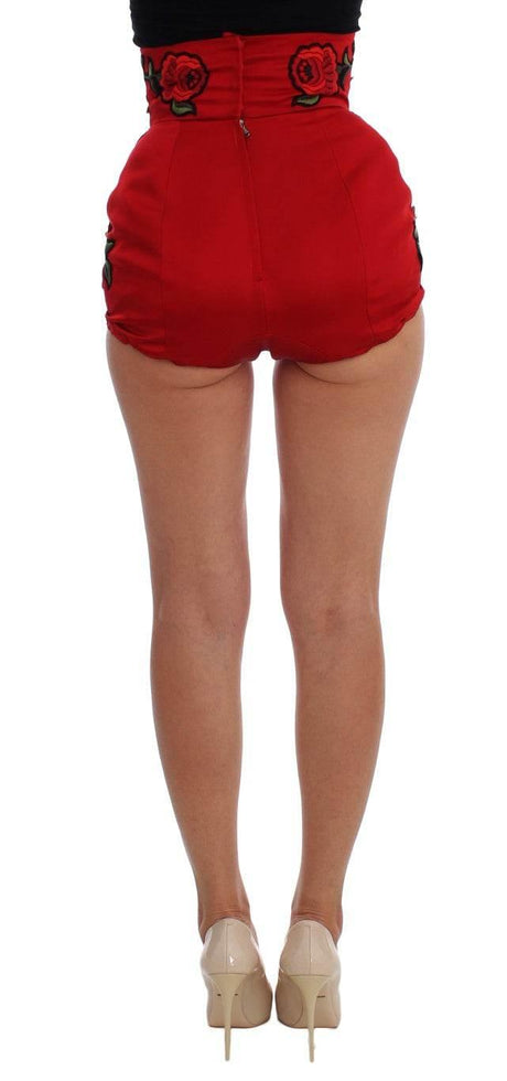 Dolce & Gabbana Red Silk Crystal Roses Shorts - Hilstor