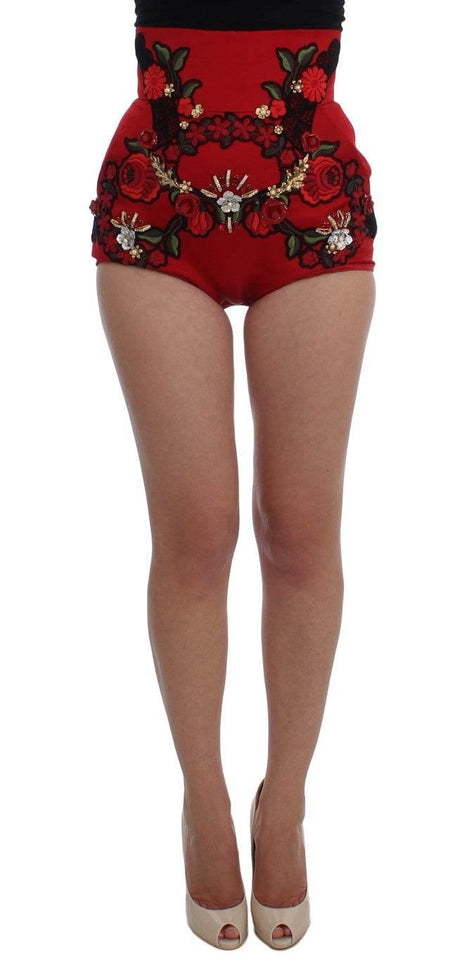 Dolce & Gabbana Red Silk Crystal Roses Shorts - Hilstor
