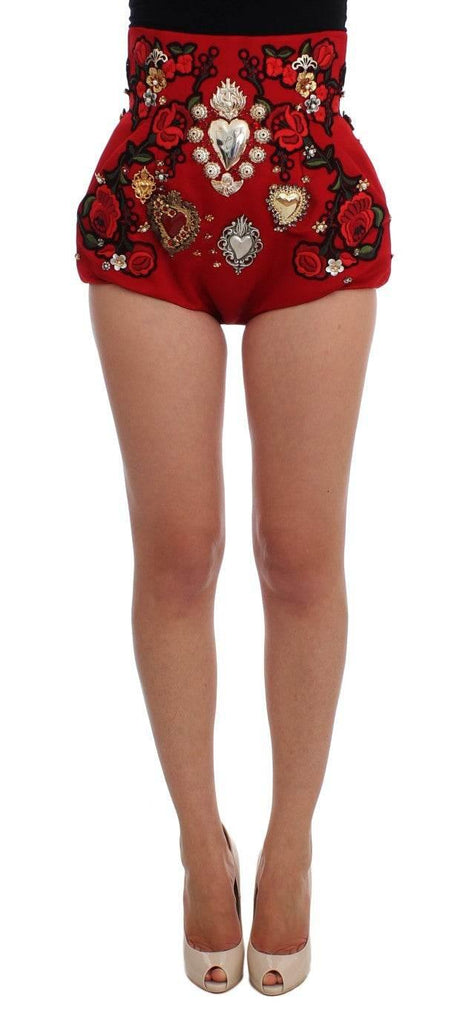 Dolce & Gabbana Red Silk Crystal Roses Shorts - Hilstor