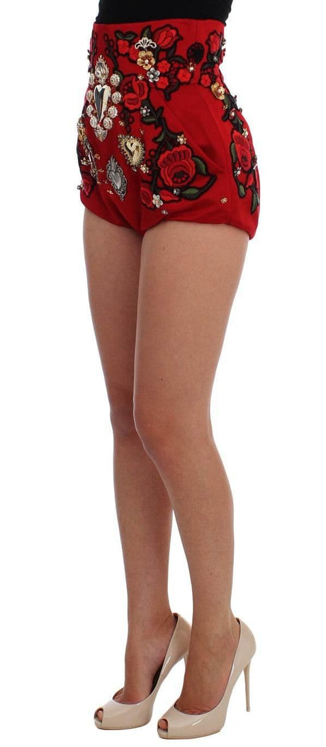 Dolce & Gabbana Red Silk Crystal Roses Shorts - Hilstor