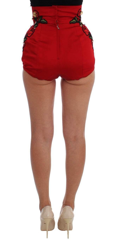 Dolce & Gabbana Red Silk Crystal Roses Shorts - Hilstor