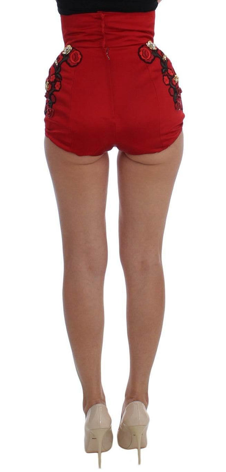 Dolce & Gabbana Red Silk Crystal Roses Shorts - Hilstor