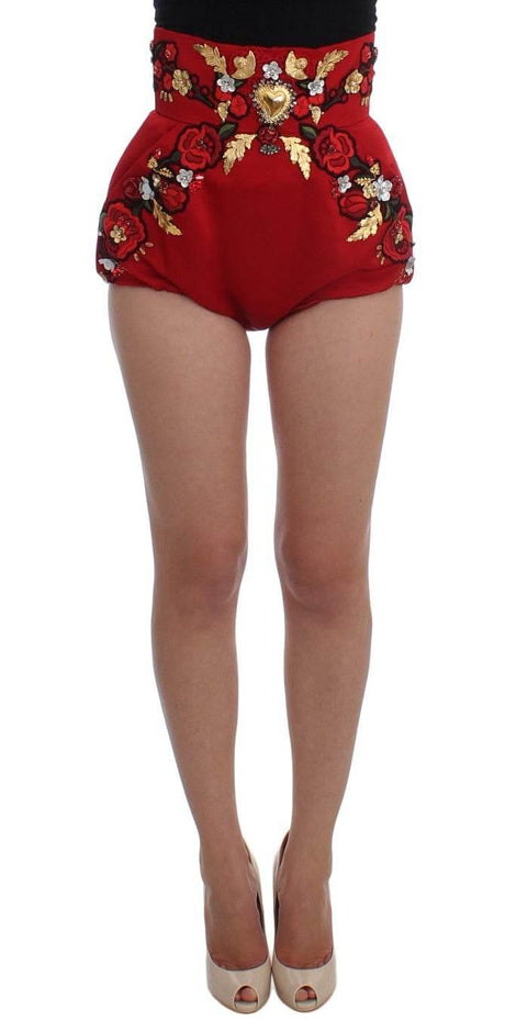 Dolce & Gabbana Red Silk Crystal Roses Shorts - Hilstor
