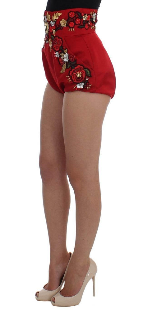 Dolce & Gabbana Red Silk Crystal Roses Shorts - Hilstor