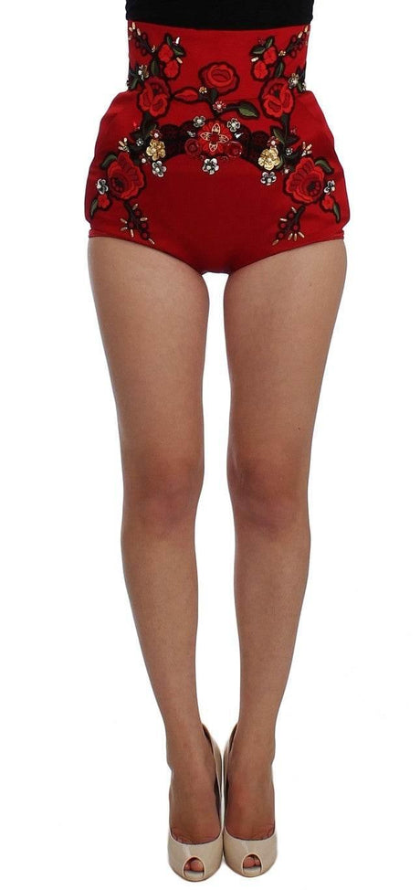Dolce & Gabbana Red Silk Crystal Roses Shorts - Hilstor
