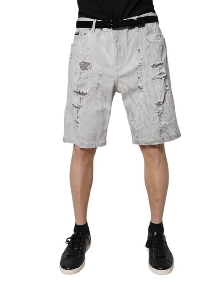 Dolce & Gabbana Light Gray Tattered Men Denim Bermuda Shorts - Hilstor