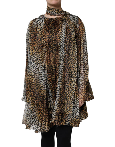Dolce & Gabbana Brown Leopard Print Scarf Collared Chiffon Dress - Hilstor