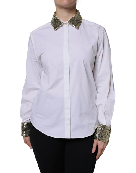 Dolce & Gabbana White Cotton Long Sleeves Sequin Shirt Top - Hilstor