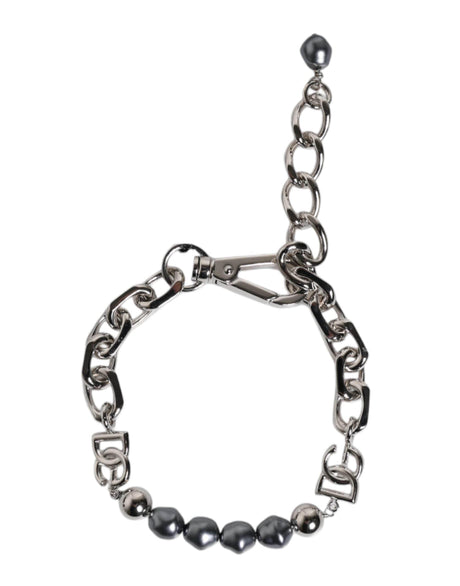 Dolce & Gabbana Silver Tone Chain Lobster Clasp Logo Gray Pearls Bracelet - Hilstor