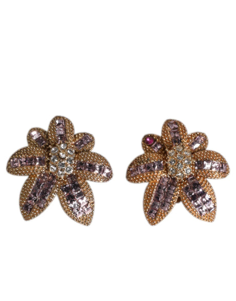Dolce & Gabbana Gold Brass Purple Flower-Shaped Crystals Clip On Earrings - Hilstor