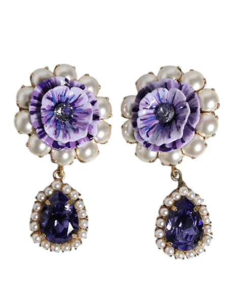 Dolce & Gabbana Purple Flower Pearl Teardrop Crystals Clip On Earrings - Hilstor