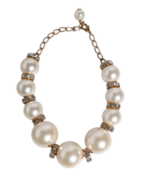 Dolce & Gabbana White Maxi Faux Pearl Beads Crystals Gold Chain Necklace - Hilstor
