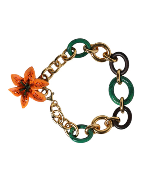 Dolce & Gabbana Multicolor Gold Brass Orange Lily Floral Chain Necklace - Hilstor