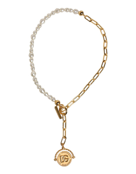 Dolce & Gabbana Gold Chain Brass Faux Pearl Charm Logo Pendant Necklace - Hilstor