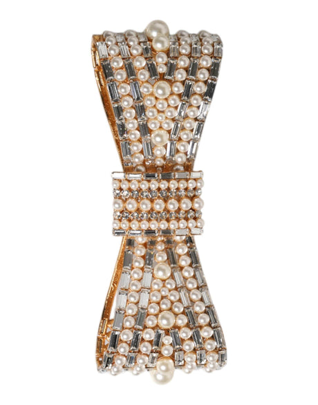 Dolce & Gabbana Gold Tone Brass Bow Crystal FauxPearl Embellished Brooch - Hilstor