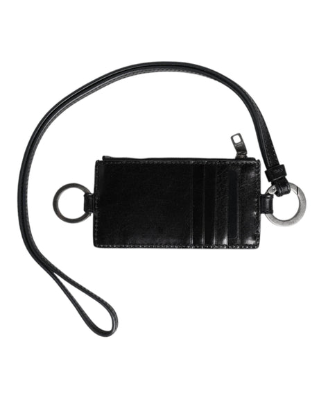 Dolce & Gabbana Black Leather Logo Embossed Lanyard Card Holder Wallet - Hilstor