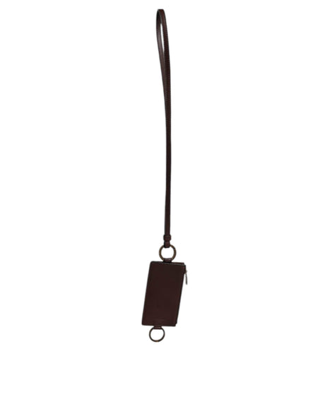 Dolce & Gabbana Brown Calf Leather Lanyard Logo Card Holder Wallet - Hilstor