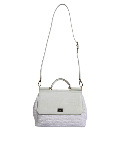Dolce & Gabbana White Rafia Leather Top Handle Crossbody Bag - Hilstor